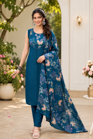 Teal Blue Heavy Berlin 3-Piece Sleeveless Straight Kurta Set Multicolour Floral Printed Dupatta