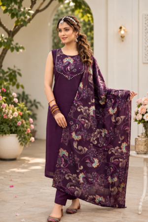 Deep Purple Heavy Berlin 3-Piece Sleeveless Straight Kurta Set Multicolour Paisley Printed Dupatta