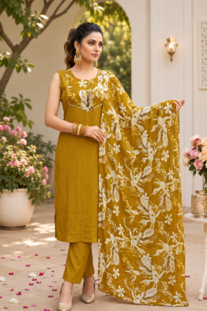 Mustard Yellow Heavy Berlin 3-Piece Sleeveless Straight Kurta Set Botanical Printed Berlin Dupatta