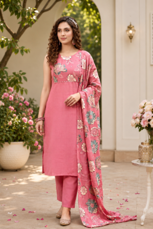 Dusty Rose Pink Heavy Berlin 3-Piece Sleeveless Straight Kurta Set Multicolour Floral Printed Dupatta