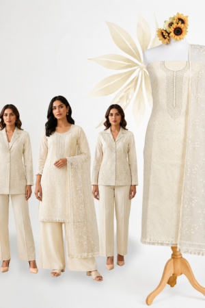 Off White Embroidered Cotton Dress Material Set