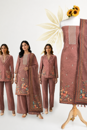 Premium Dusty Rose Floral Cotton Dress Material Set