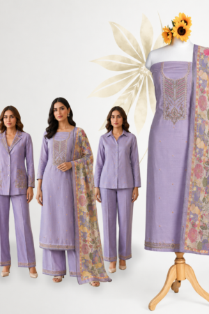 Lavender Embroidered Premium Cotton Dress Material Set