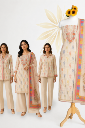 Premium Cream Floral Printed Cotton Dress Material Set