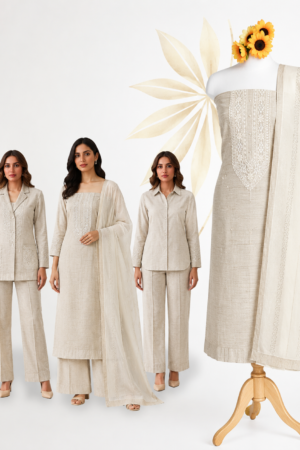 Premium Off White Linen Cotton Dress Material Set