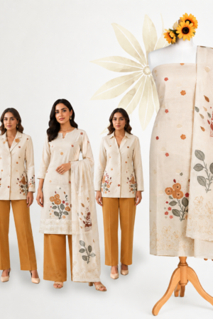 Premium Ivory Floral Cotton Dress Material Set