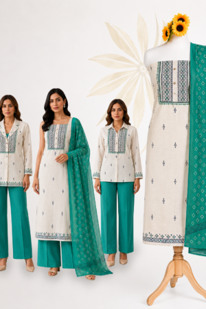 Premium Off White Teal Cotton Dress Material Set