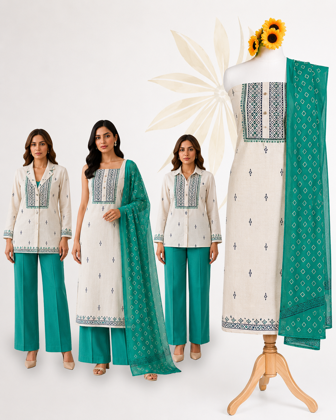 Premium Off White Teal Cotton Dress Material Set