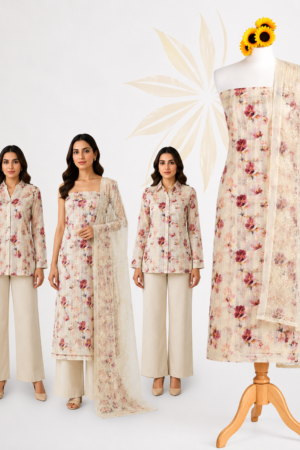Premium Cream Floral Printed Cotton Dress Material Set