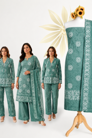 Premium Sea Green Printed Cotton Dress Material Set