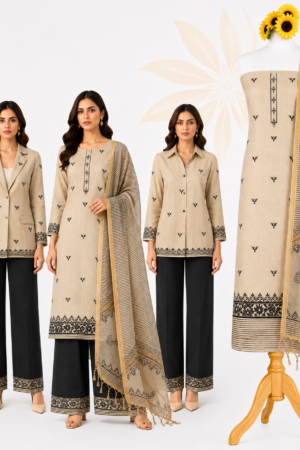 Premium Beige Black Printed Cotton Dress Material Set