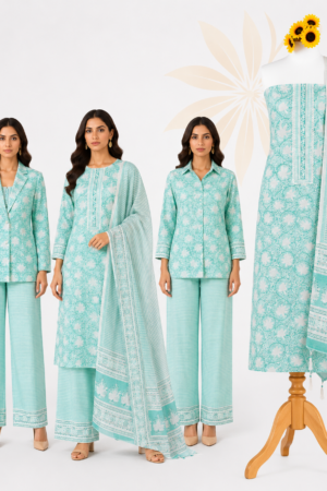 Premium Mint Green Floral Cotton Dress Material Set