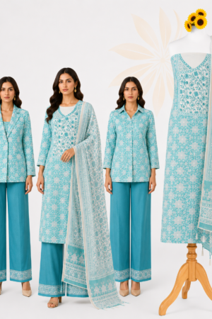 Premium Aqua Blue Floral Cotton Dress Material Set