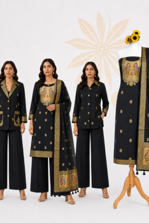 Premium Black Paithani Silk Unstitched Dress Material
