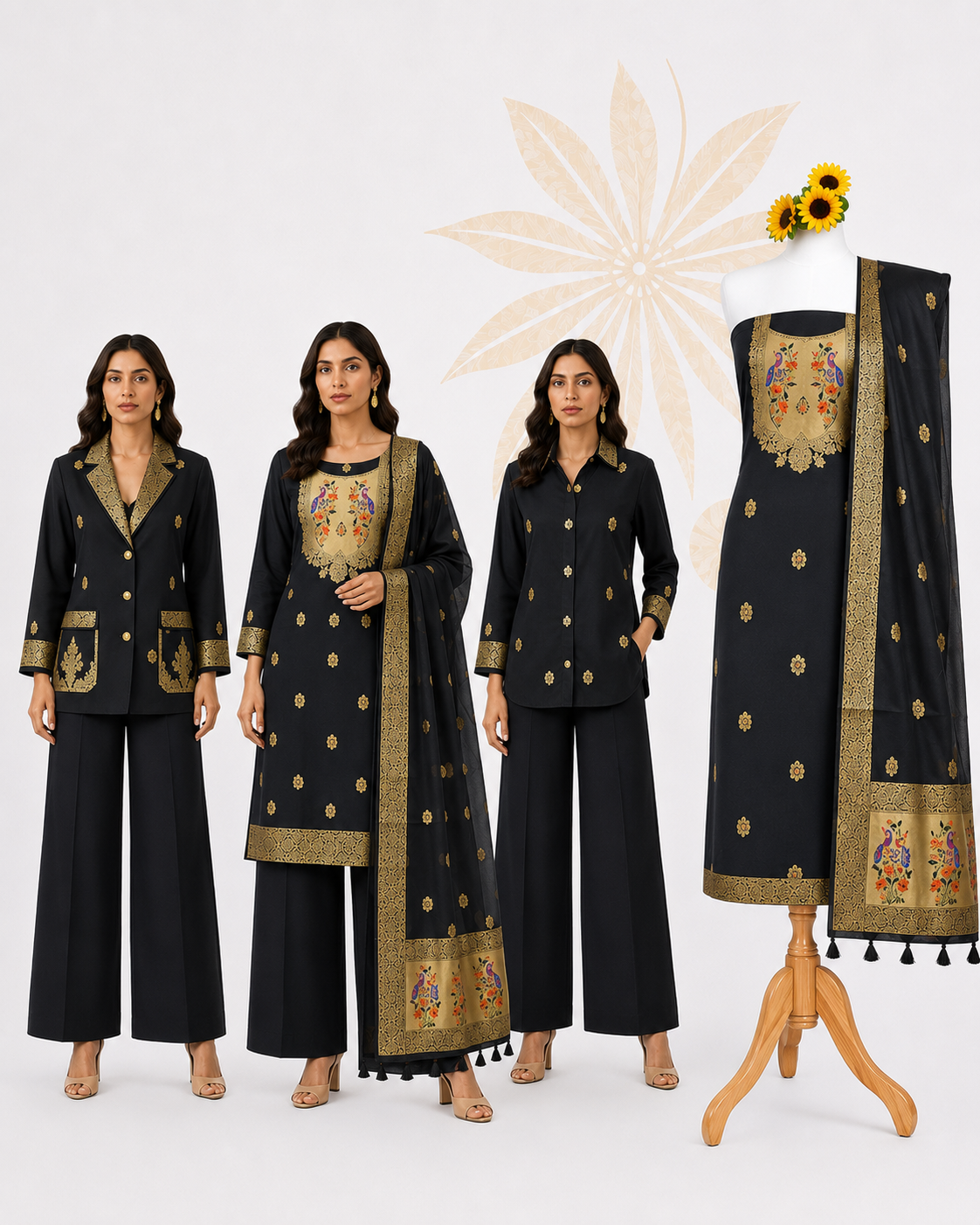 Premium Black Paithani Silk Unstitched Dress Material