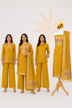 Premium Mustard Yellow Paithani Silk Unstitched Dress Material