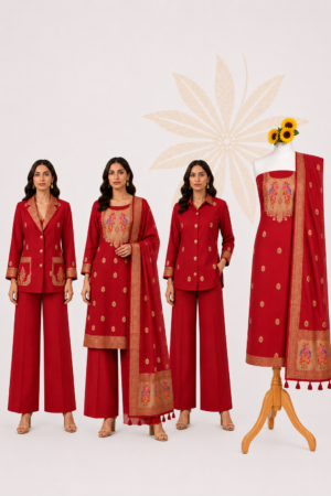 Premium Red Paithani Silk Unstitched Dress Material