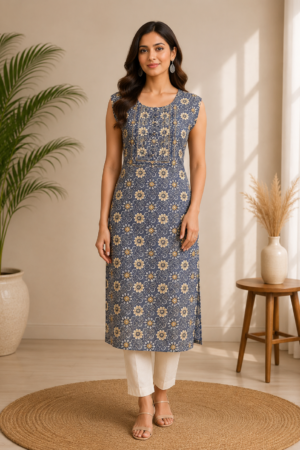 Women's Modal Silk Blue Floral Printed Straight Kurti  Round Neck Cap Sleeves Ethnic Wear