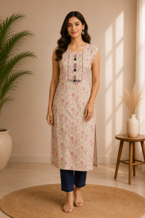 Women's Modal Silk Beige Floral Printed Straight Kurti Round Neck Cap Sleeves Ethnic Wear