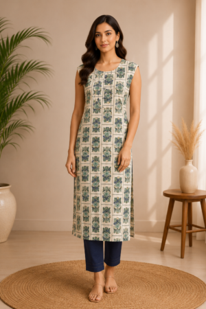 Women's Modal Silk Cream Floral Block Printed Straight Kurti  Round Neck Cap Sleeves Ethnic Wear