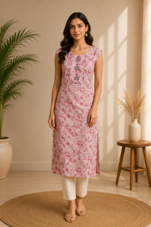 Women's Modal Silk Pink Floral Printed Straight Kurti | Round Neck Cap Sleeves Ethnic Wear