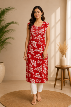 Women's Modal Silk Red Floral Printed Straight Kurti  Round Neck Sleeveless Ethnic Wear
