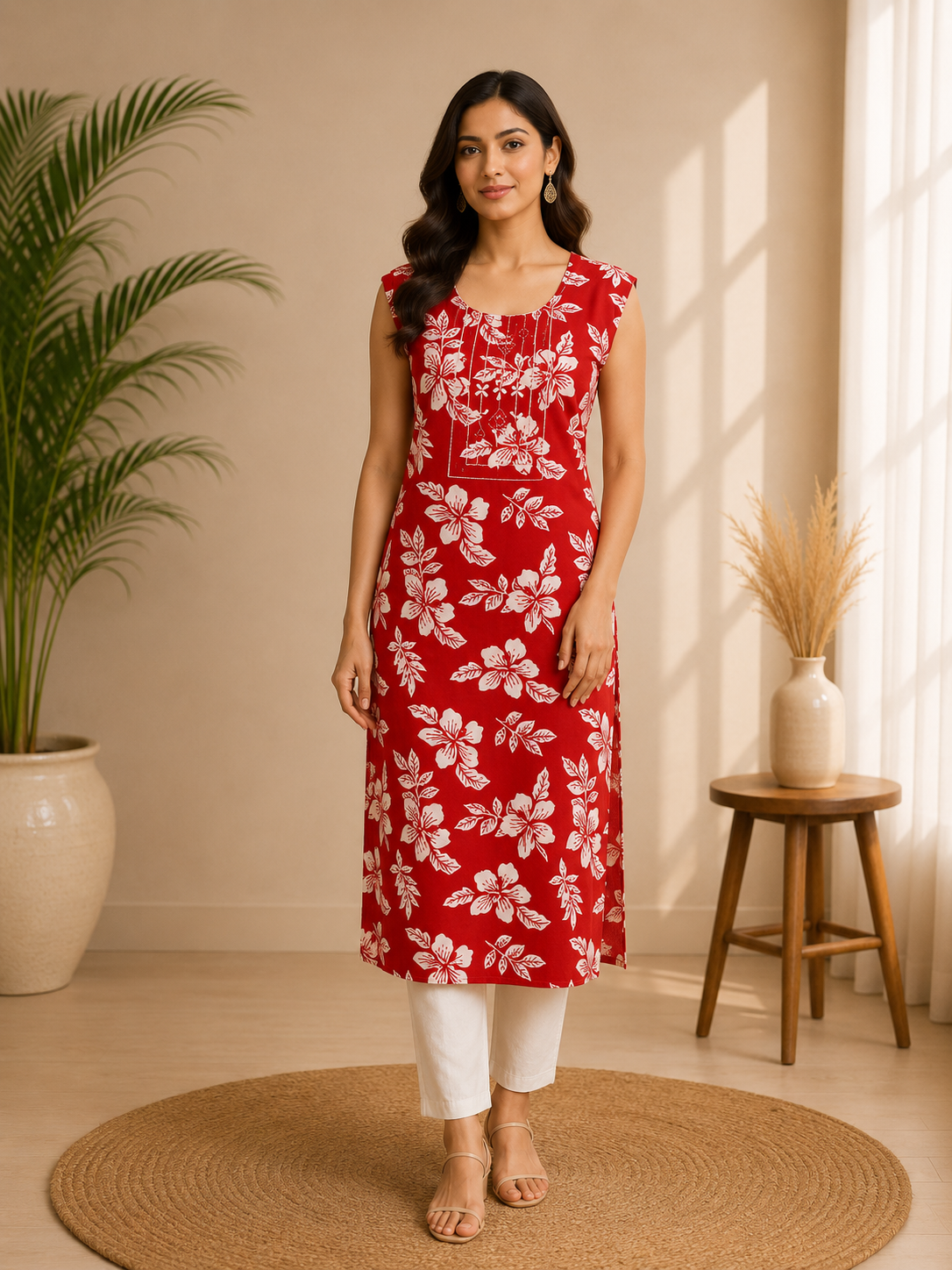 Women's Modal Silk Red Floral Printed Straight Kurti Round Neck Sleeveless Ethnic Wear