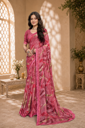Shubhika Pink Georgette Saree with Abstract Brush Stroke Print & Gold Piping Border