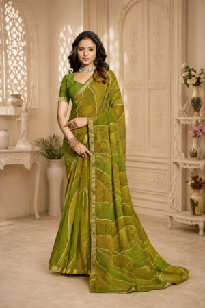 Anukriti Olive Green Georgette Saree with Abstract Wave Print & Gold Lace Border