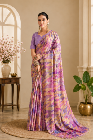 Seerat  Purple Multicolour Georgette Saree with Zigzag Abstract Print & Scallop Lace Border