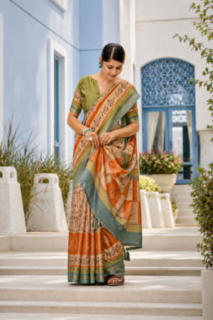 Kashmiri Looms  Beige & Orange Cotton Saree with Warli Tribal Print & Teal Zari Border