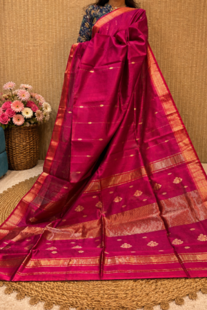 Maheshwari Handloom Rani Pink Cotton Silk Saree with Gold Zari Buti & Woven Border