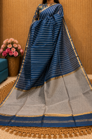 Maheshwari Handloom | Navy Blue Cotton Silk Saree with Silver Stripes & Gold Zari Border
