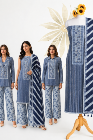 Premium Blue Floral Printed Cotton Dress Material Set