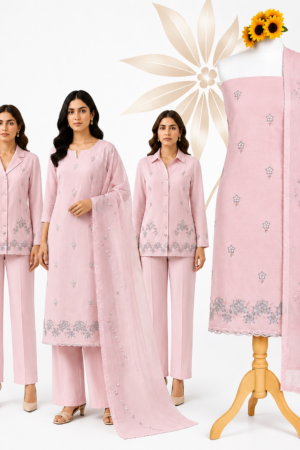 Baby Pink Premium Cotton Embroidered Dress Material Set