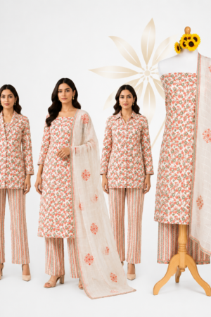 Peach Floral Premium Cotton Dress Material Set