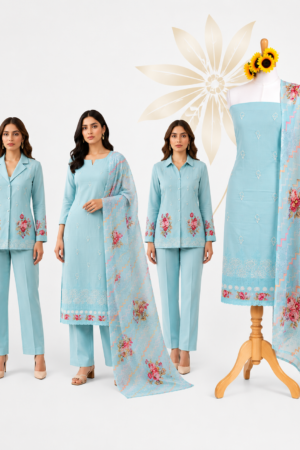 Sky Blue Premium Cotton Floral Dress Material Set