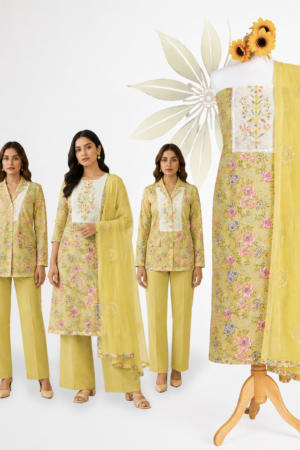 Lemon Yellow Premium Cotton Floral Dress Material Set