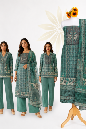 Sea Green Premium Cotton Printed Dress Material Set