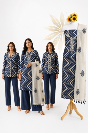 Navy Blue Premium Cotton Geometric Dress Material Set