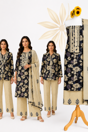 Navy Blue Premium Cotton Floral Dress Material Set