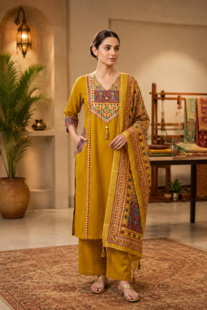 Mustard Yellow Pure Dabu Cotton 3-Piece Straight Kurta Set with Traditional Hand Block Inspired Ajrakh Print & Printed Dupatta