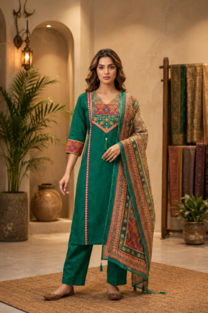 Emerald Green Pure Dabu Cotton 3-Piece Straight Kurta Set with Traditional Ajrakh Inspired Printed Yoke & Heritage Border Dupatta