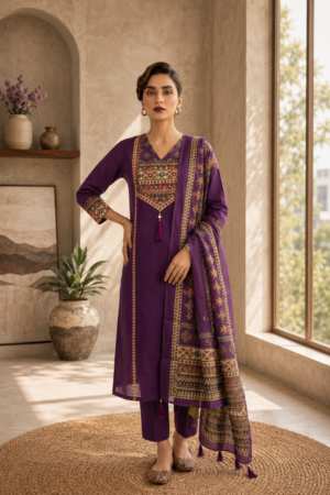 Royal Purple Pure Dabu Cotton 3-Piece Straight Kurta Set with Traditional Ajrakh Inspired Printed Yoke & Heritage Border Dupatta