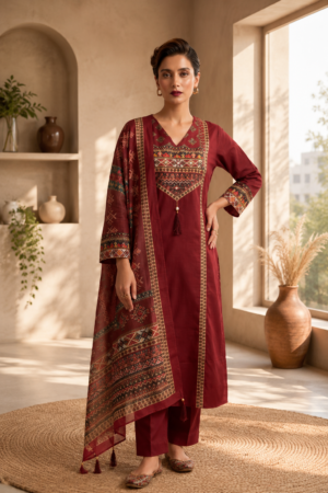 Maroon Pure Dabu Cotton 3-Piece Straight Kurta Set with Traditional Ajrakh Inspired Printed Yoke & Heritage Border Dupatta