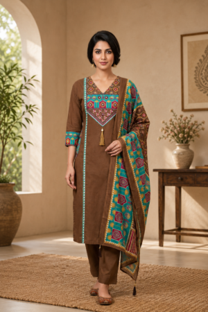 Chocolate Brown Pure Dabu Cotton 3-Piece Straight Kurta Set with Traditional Ajrakh Inspired Printed Yoke & Heritage Border Dupatta