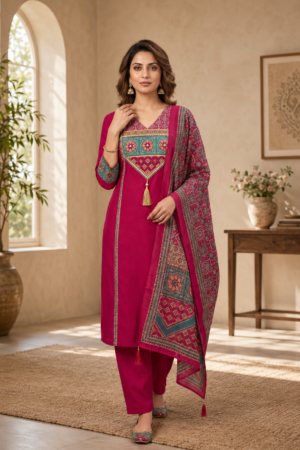 Rani Pink Pure Dabu Cotton 3-Piece Straight Kurta Set with Traditional Ajrakh Inspired Printed Yoke & Heritage Border Dupatta