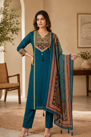 Teal Blue Pure Dabu Cotton 3-Piece Straight Kurta Set with Traditional Ajrakh Inspired Printed Yoke & Heritage Border Dupatta