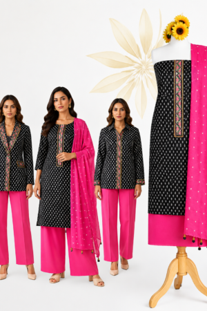 Black Pink Printed Cotton Dress Material Set