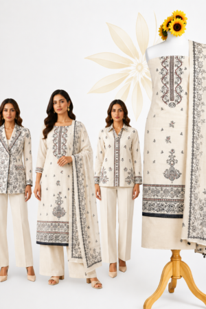 Premium Off White Ethnic Printed Cotton Dress Material Set